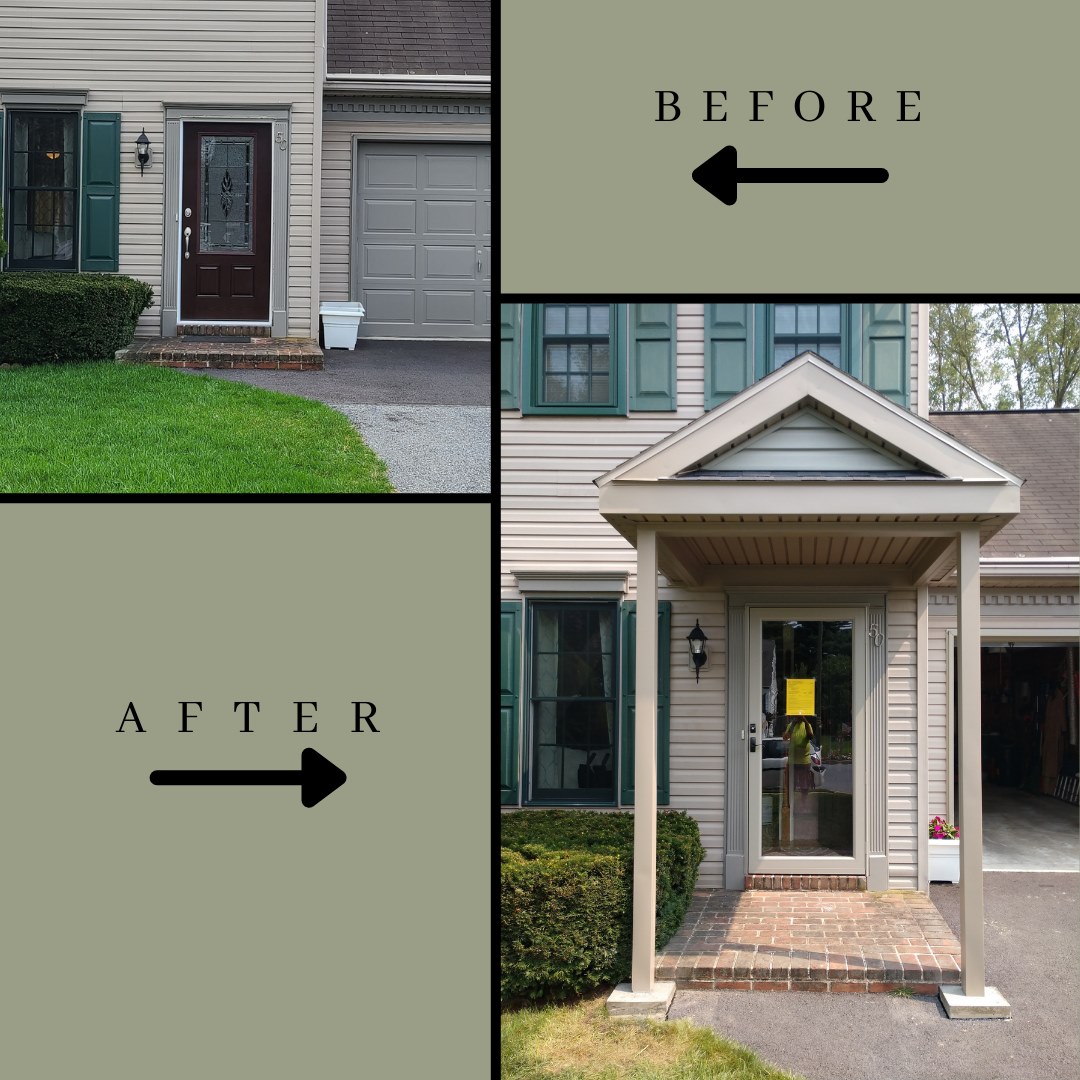 Before and after of home entrance remodel that included adding a small brick patio and a small awning.