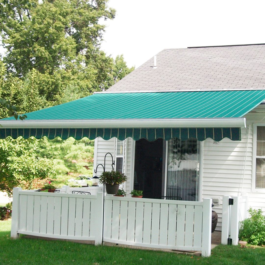 Fabric awning shading a patio.