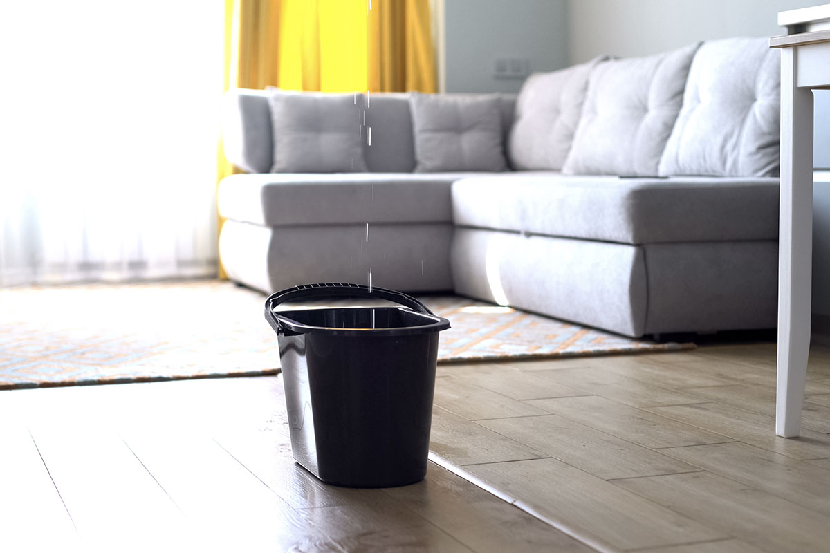 A plastic bucket catching water from a leaking roof.