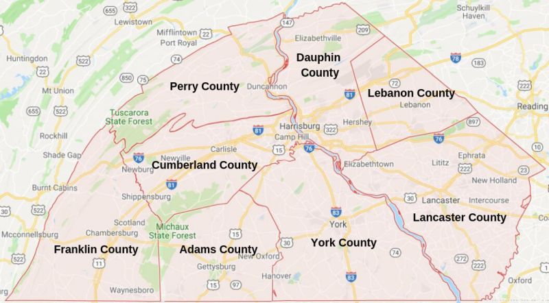 Map of Central PA counties that Century Home Improvements serves.